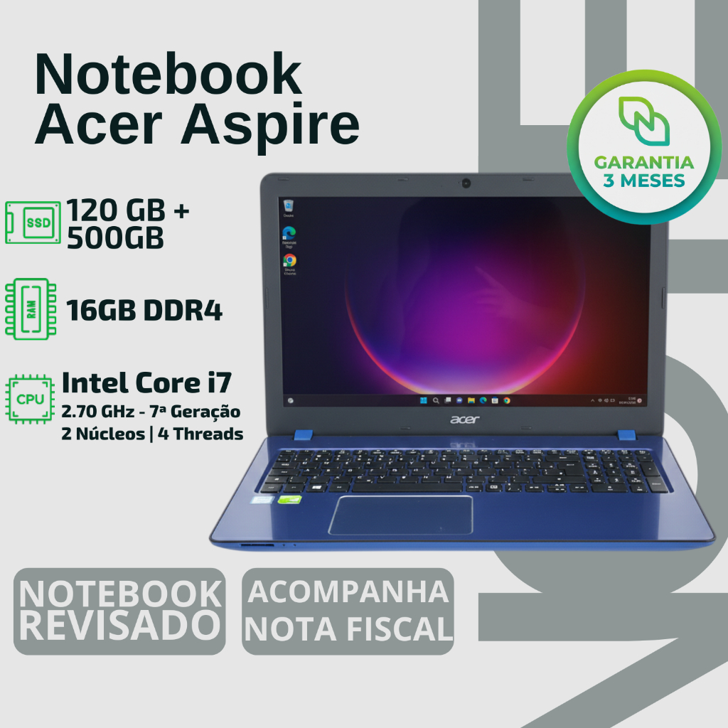 Notebook Acer | Intel Core I7 7ª Ger | Nvidia Geforce 940MX | SSD 120gb ...