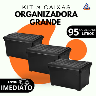 Kit 3 Caixas Organizadoras Preta 95L - Reforçadas Com Trava Tampa e Rodinhas Empilhável em Oferta na Shopee