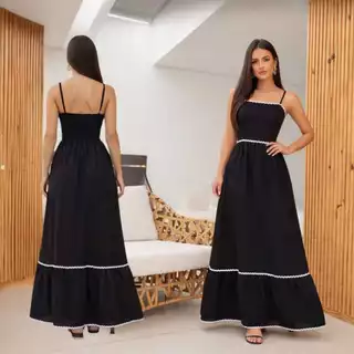 Vestido Longo Preto Feminino Tecido Duna Linho | Alça Regulável | Costas com Lastex Elegante Verão em Oferta na Shopee
