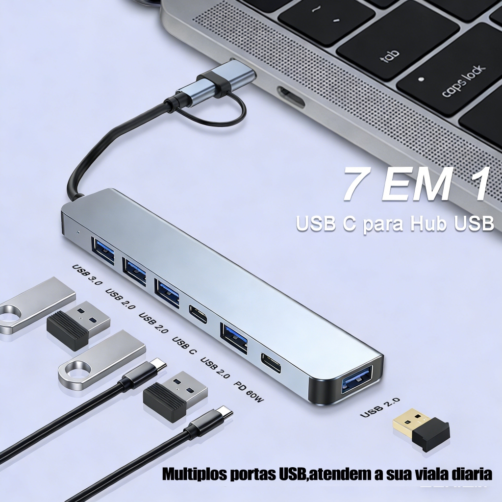 Hub USB 7 em 1 Alumínio | 2 USB-C + 5 USB 3.0/2.0 | Ultra Fino Portátil ...