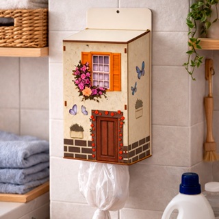 Puxa Saco Parede MDF Casinha Organizador Sacolas Plasticas Cozinha Lavanderia Porta Sacos Resistente Decorativo Adesivad