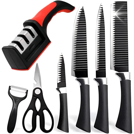 Kit 6 Peças Facas Churrasco Profissional Antiaderente + Amolador