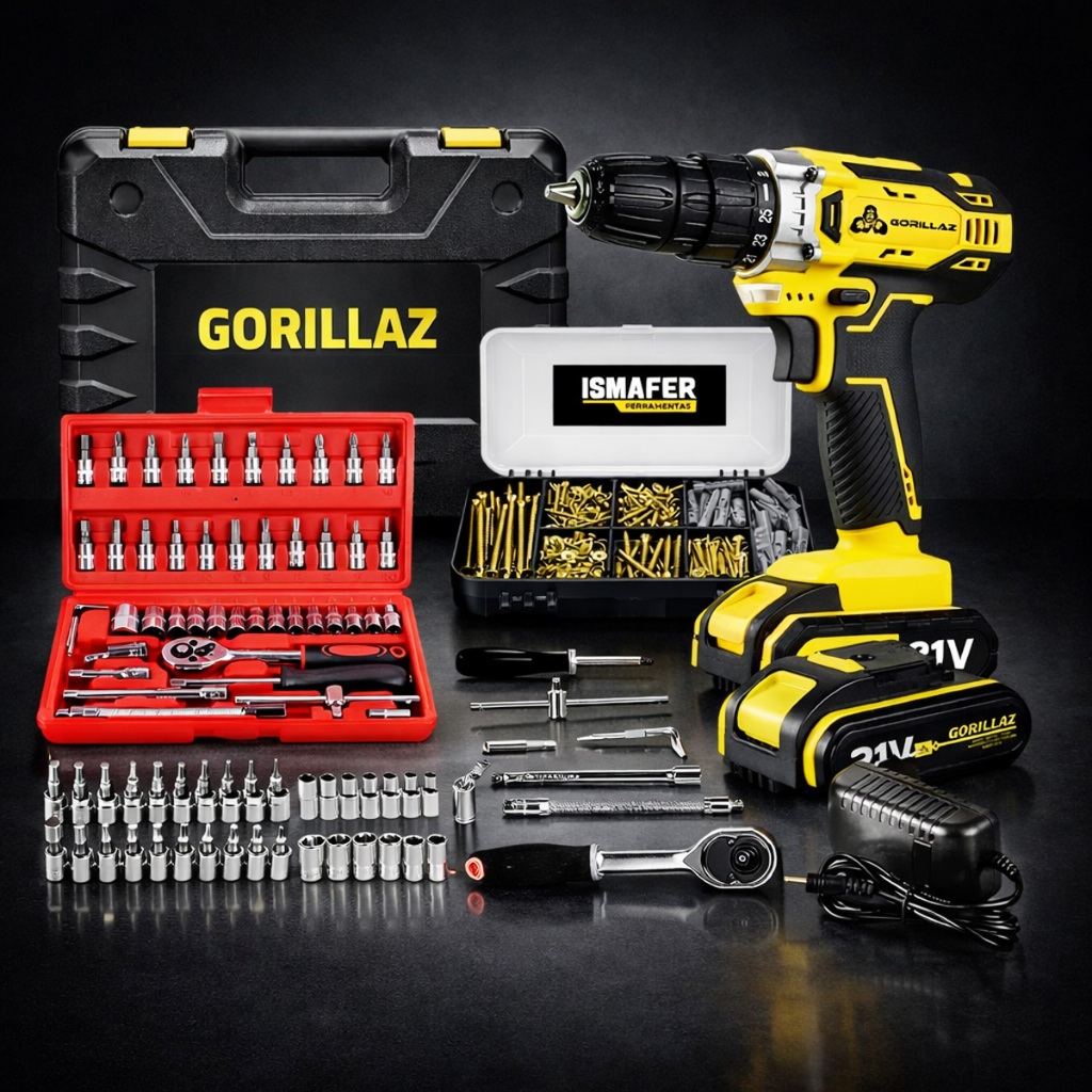 Kit Furadeira Parafusadeira Impacto Com 2 Baterias 21v Gorillaz +