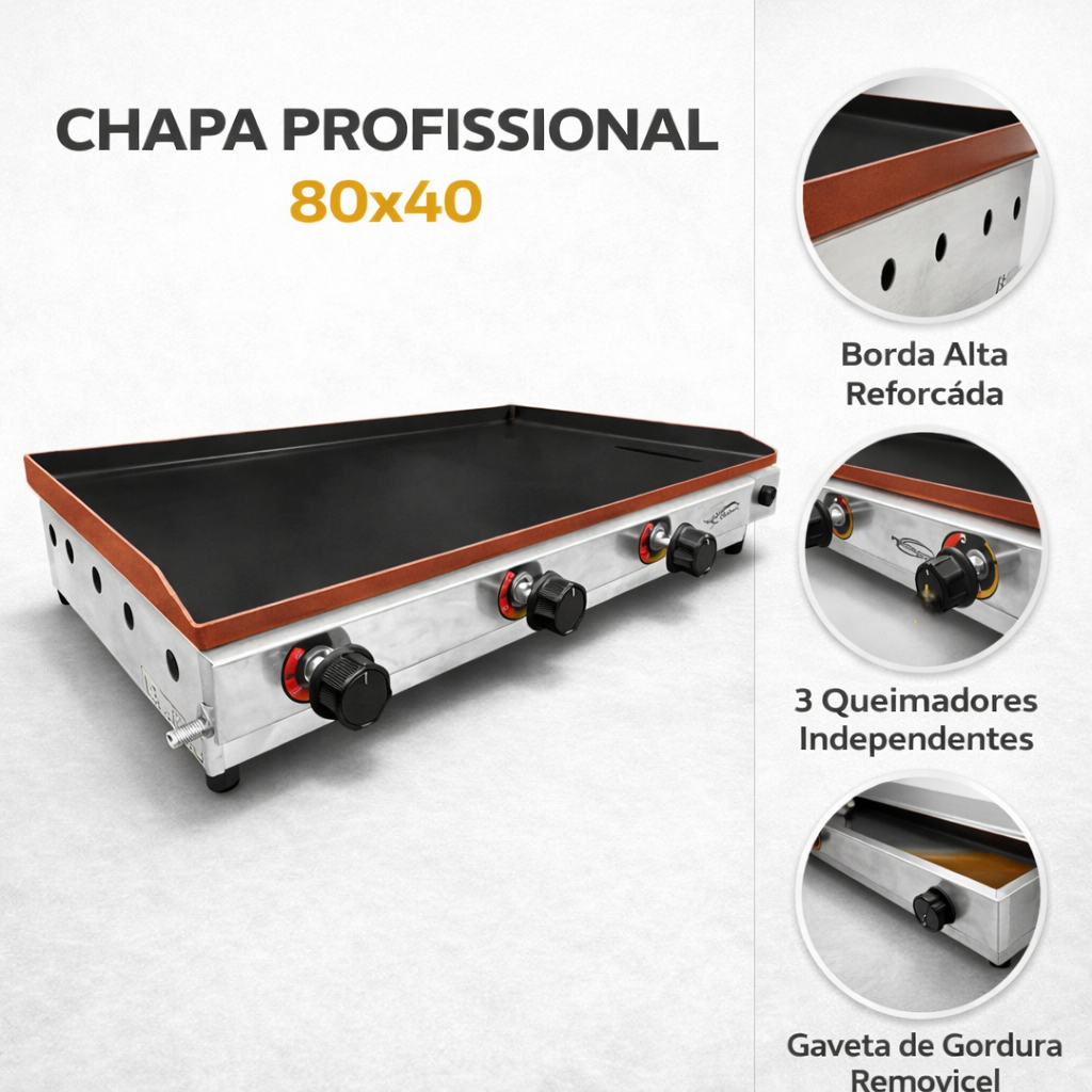 Chapa De Lanche Hamburguer 80x40 Borda Alta Profissional Cha