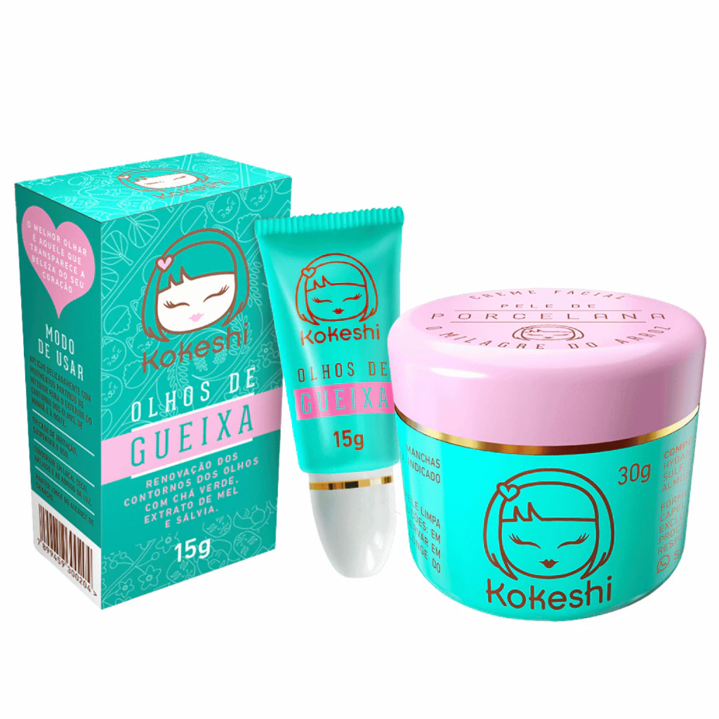 Vista lateral do kit Kokeshi com a caixa do creme para olhos e o pote do creme facial