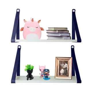 Kit 2 prateleiras branca com alça de couro ecológica azul 45x15 em Oferta na Shopee