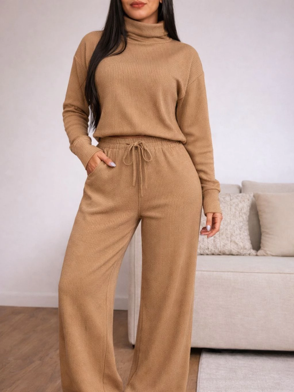 Conjunto Feminino Calça Pantalona e Blusa de Gola Alta Manga Longa Tecido Anarruga Moda Elegante