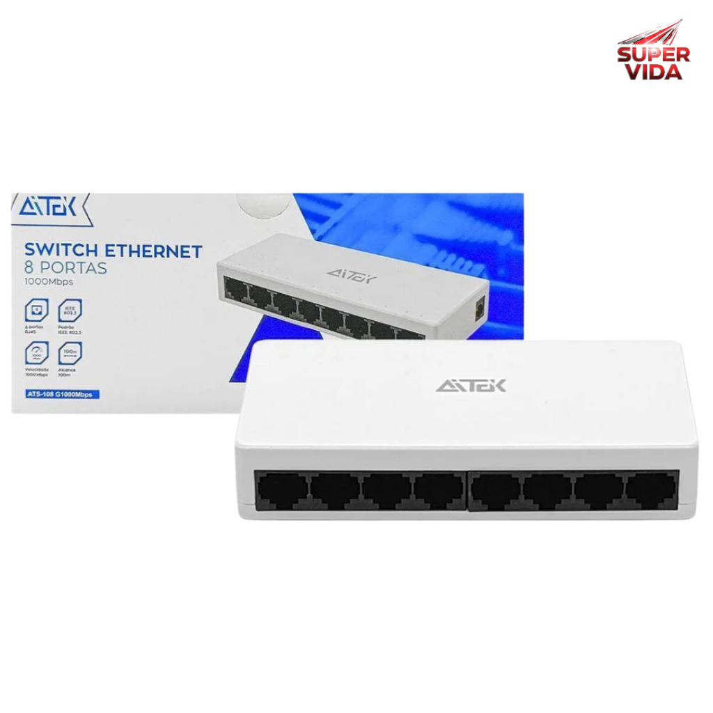 SWITCH 8 PORTAS- Velocidade 10/100/1000Mbps, Tensão 5V, Certificado ANATEL