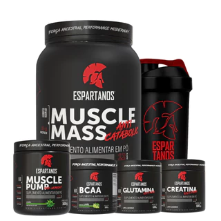 Kit Muscle Mass 1,8kg + BCAA + Creatina + Glutamina + Pré Treino + Coqueteleira - Espartanos