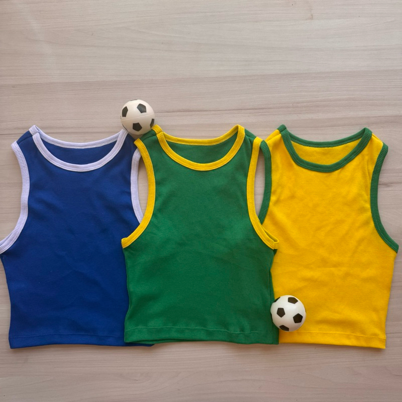 Kit 3 Cropped Copa Mundo Brasil Regata Lisa Feminina Blusinha Canelada Verde Amarelo Top Ribana Algodão Blogueira em Oferta na Shopee
