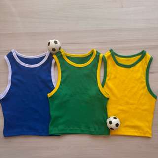 Kit 3 Cropped Copa Mundo Brasil Regata Lisa Feminina Blusinha Canelada Verde Amarelo Top Ribana Algodão Blogueira em Oferta na Shopee