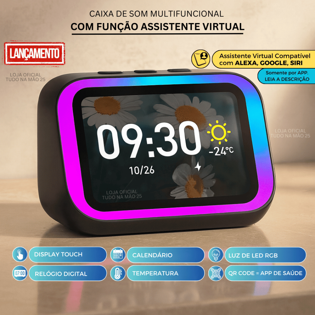 [ORIGINAL] ASSISTENTE VIRTUAL Caixa de Som com COMANDO DE VOZ c/ Relógio e Tela Alto-falante
