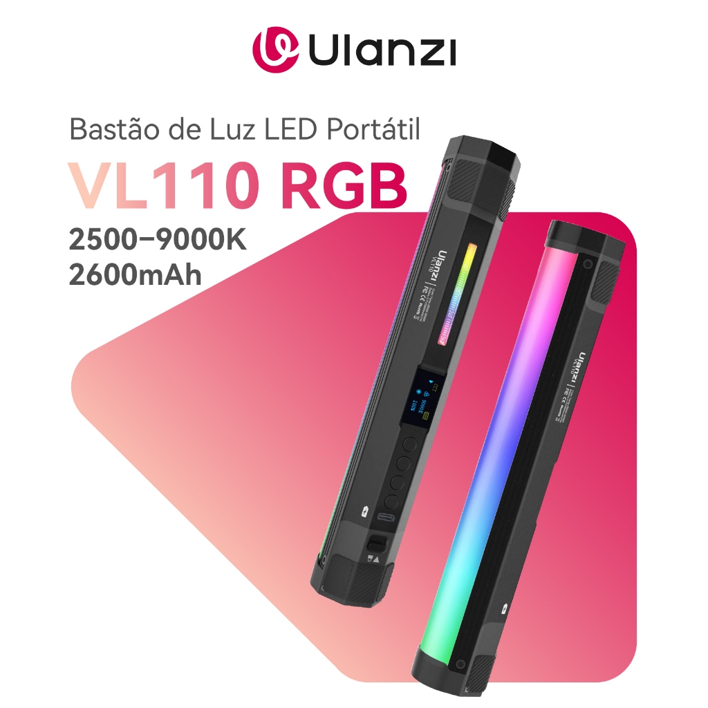 ULANZI VL110 RGB Bastão de Luz LED Portátil 2500–9000K, CRI95+