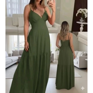 Vestido Longo Feminino liso Elegante Vestido Longo Alças Finas Cintura Marcada | Vestido Casual, Festa, Evento em Oferta na Shopee