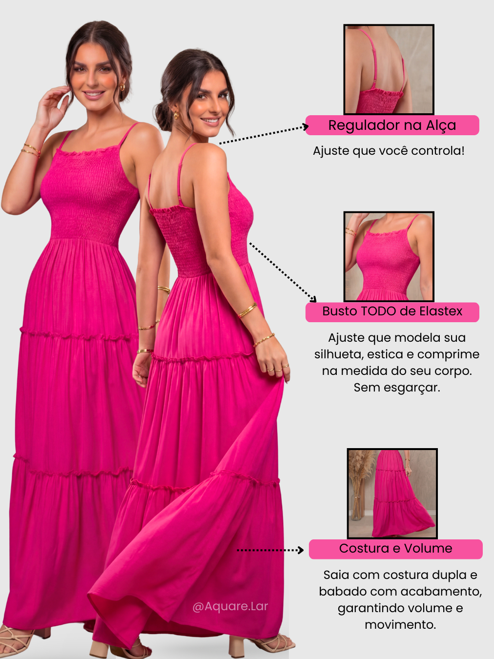 Vestido Feminino Longo de Elastex e Alça Regulável Costura 3