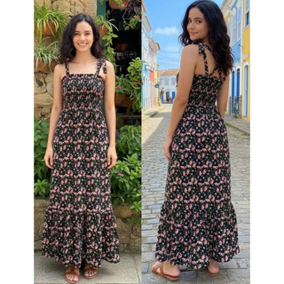 Vestido longo estampado elatex  alça amarrado em Oferta na Shopee