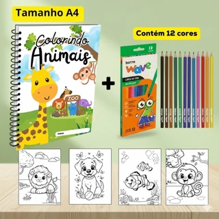 Livro de Colorir Grande Com 30 Desenhos de Animaizinhos Fofos Tamanho A4 e Capa Flexível + Lapis de Cor em Oferta na Shopee
