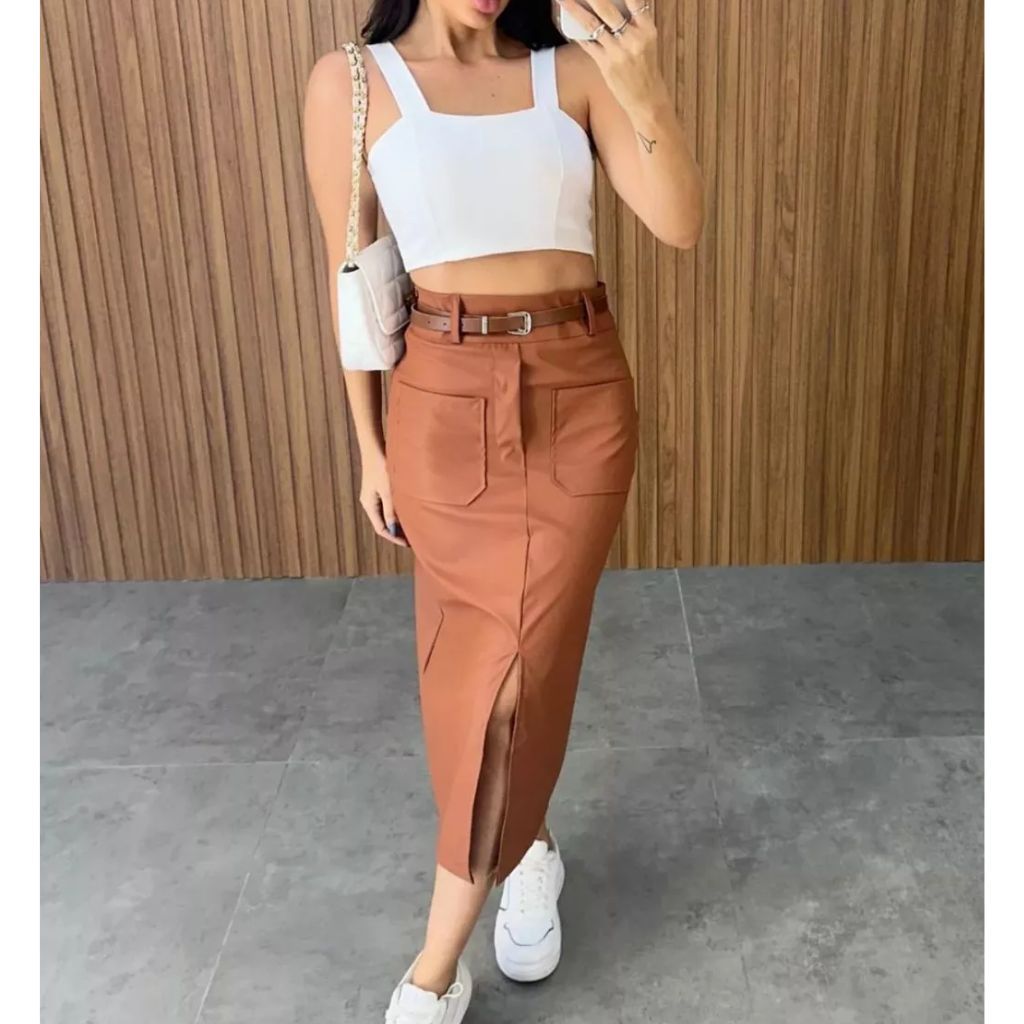 Saia Midi Feminina Em Alfaiataria Com Bolso | Shopee Brasil