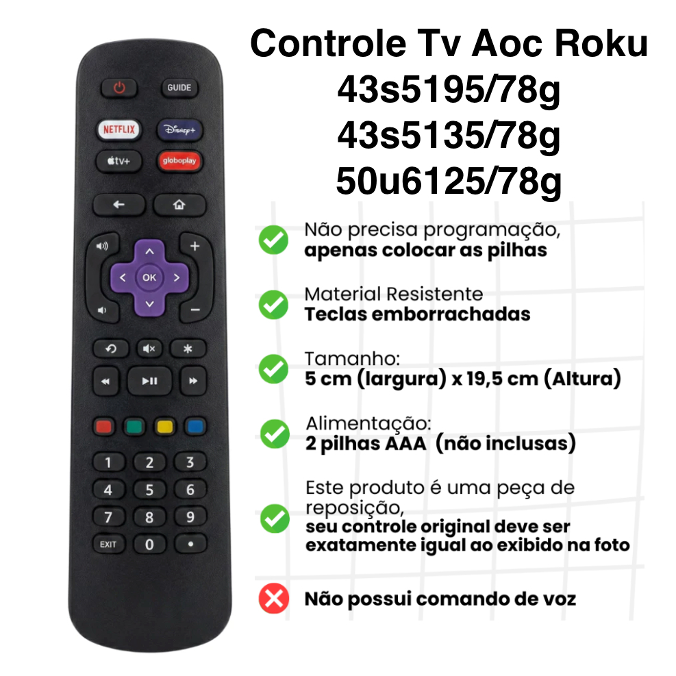 Controle Remoto TV Smart AOC Roku 32S5195/78G 43S5195/78G Netflix ...
