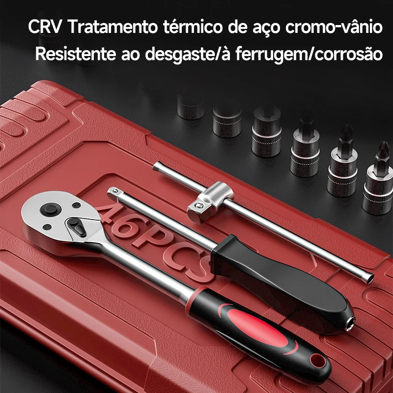 Kit De Ferramentas 46 Peças Jogo De Soquetes Chave Catraca Reversível Com Maleta Jogo De Ferramentas Completo