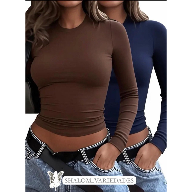 Kit 2 Blusas Feminina Manga Longa de Compressão Blusa de Manga Comprida Feminiina Meia Estação Colad