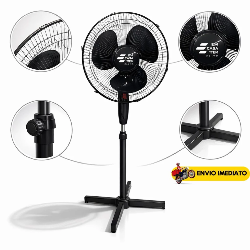 Ventilador de coluna preto com detalhes em círculos destacando a grade, a base e o ajuste de altura
