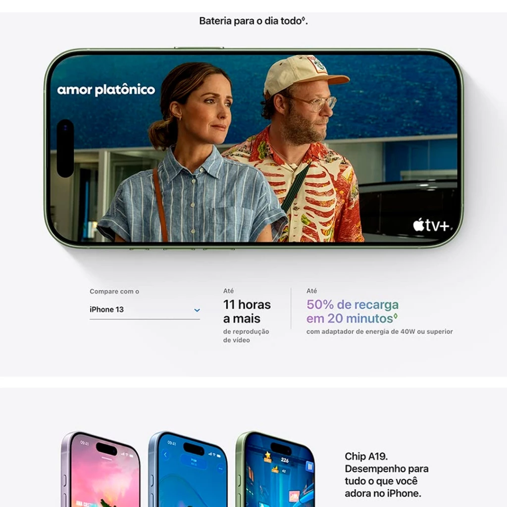 Smartphone iPhone 17 exibindo um filme na tela com informações comparativas de bateria e recarga