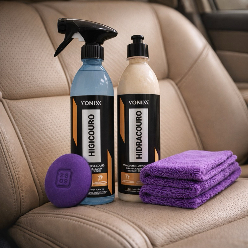Kit Limpar Hidratar Couro Vonixx Higicouro + Hidracouro + Toalha Microfibra + Aplicador