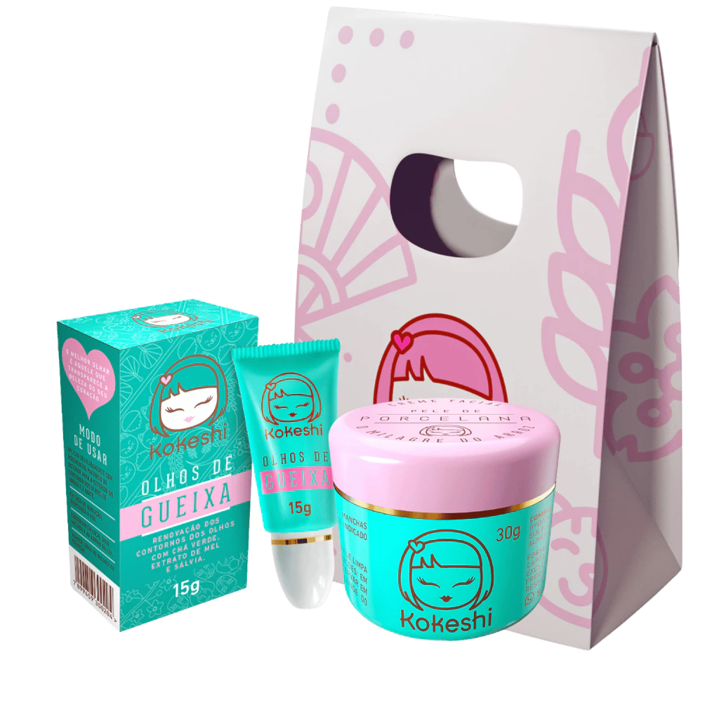 Kit completo Kokeshi com caixa, creme para olhos e pote facial dentro de uma sacola de presente