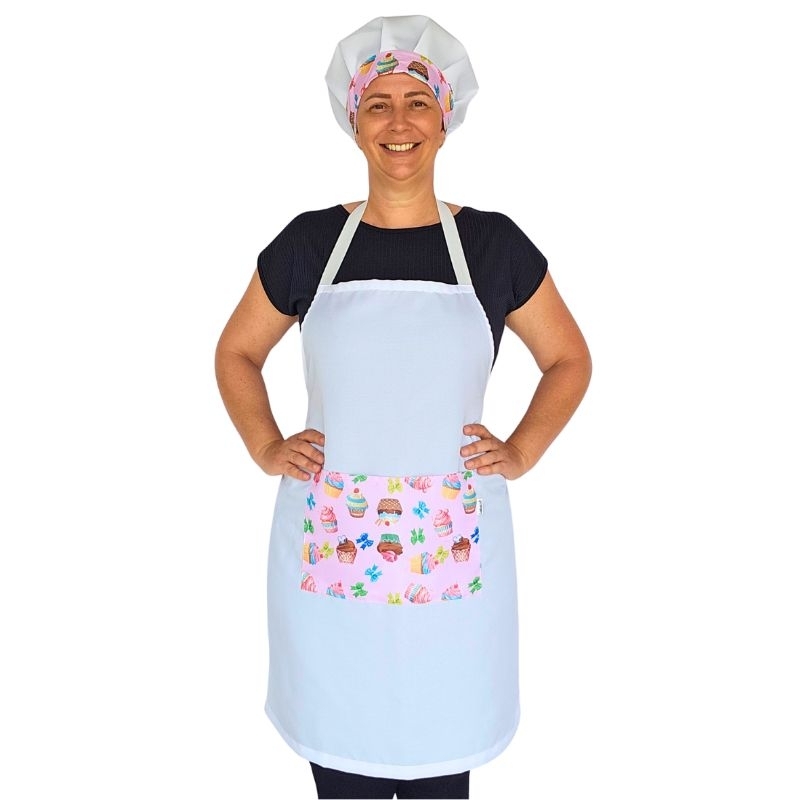 Kit avental e touca gorro de confeitaria chapéu de chef Bolo