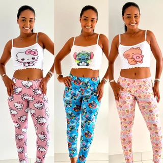 Conjunto Temático Pijama Feminino Cropped de Alcinha e Calça Longa Estampada em Oferta na Shopee
