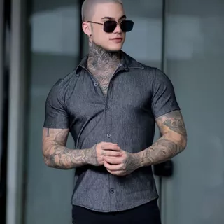 Camisa Masculina Jeans Social Manga Curta Com Botões Slim Fit Social Premium