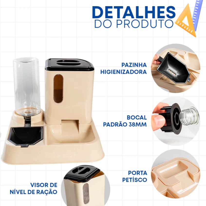 Infográfico detalhando os componentes do comedouro Jel Plast, incluindo a pá higienizadora, bocal de 38mm e visor de nível de ração.