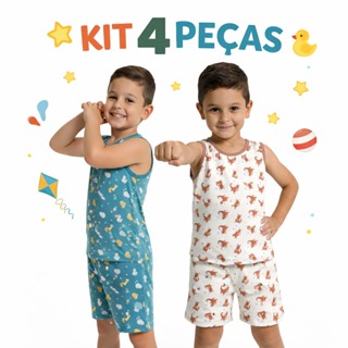 Kit 4 Peças Pijama Infantil Masculino Estampado Regata Short e Blusa 2 a 10 Anos em Oferta na Shopee