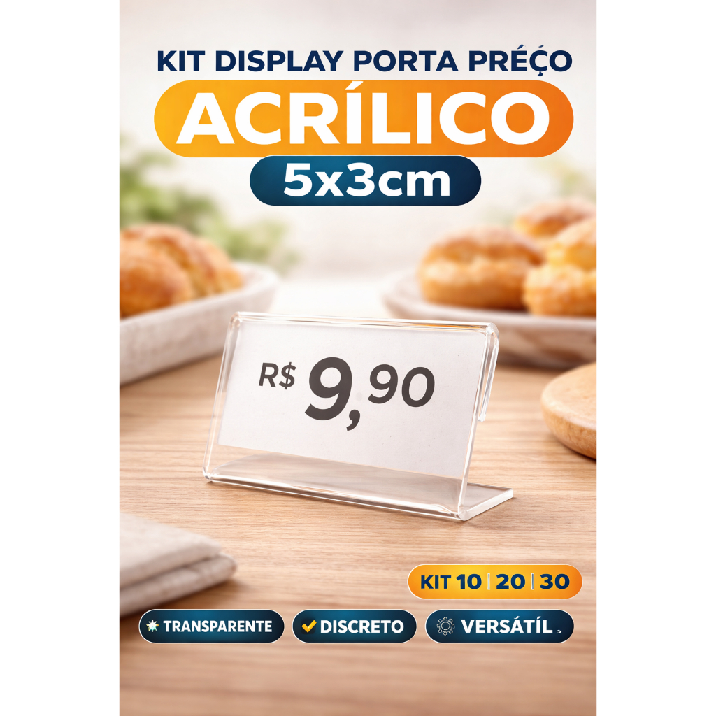 Display Porta Preço Acrílico 5x3cm Transparente Tipo L | Por