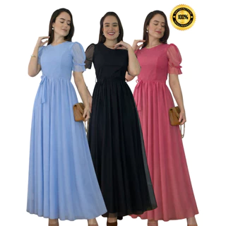 Vestido Longo Evangelico Feminino Manga Tule Princesa Elegante em Oferta na Shopee