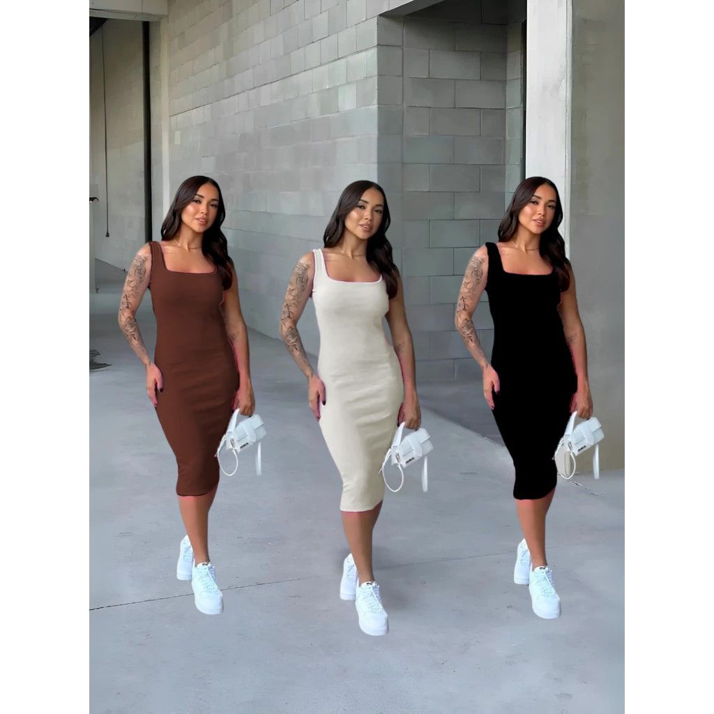 Vestido Midi Canelado Premium Feminino Elegante Costas Nuas Moda Gringa | Shopee Brasil