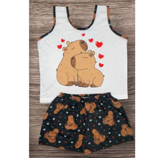 Pijama short doll infantil capivara baby doll feminino camiseta malha verão personagens em Oferta na Shopee