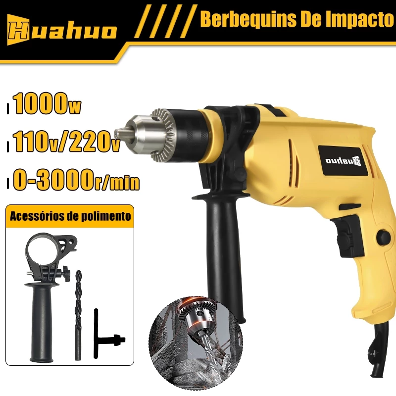 Furadeira E Parafusadeira Industrial De Impacto Elétrica 110V 220V 1000W Com Acessórios