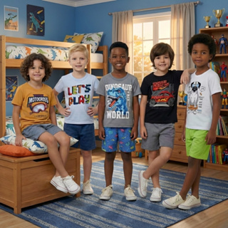 Kit 5 Conjuntos Menino Camiseta Algodão e Bermuda Moletinho Para o Dia a Dia Tam 1 ao 14 Econômico