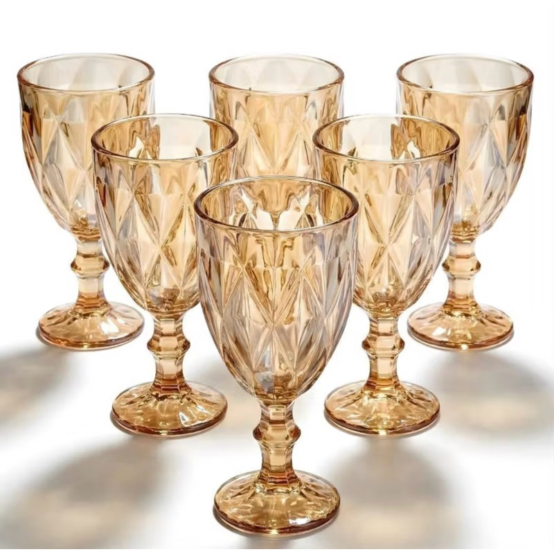 Jogo 6 Taças 340ml De Vidro Diamante Âmbar Dourado De Luxo