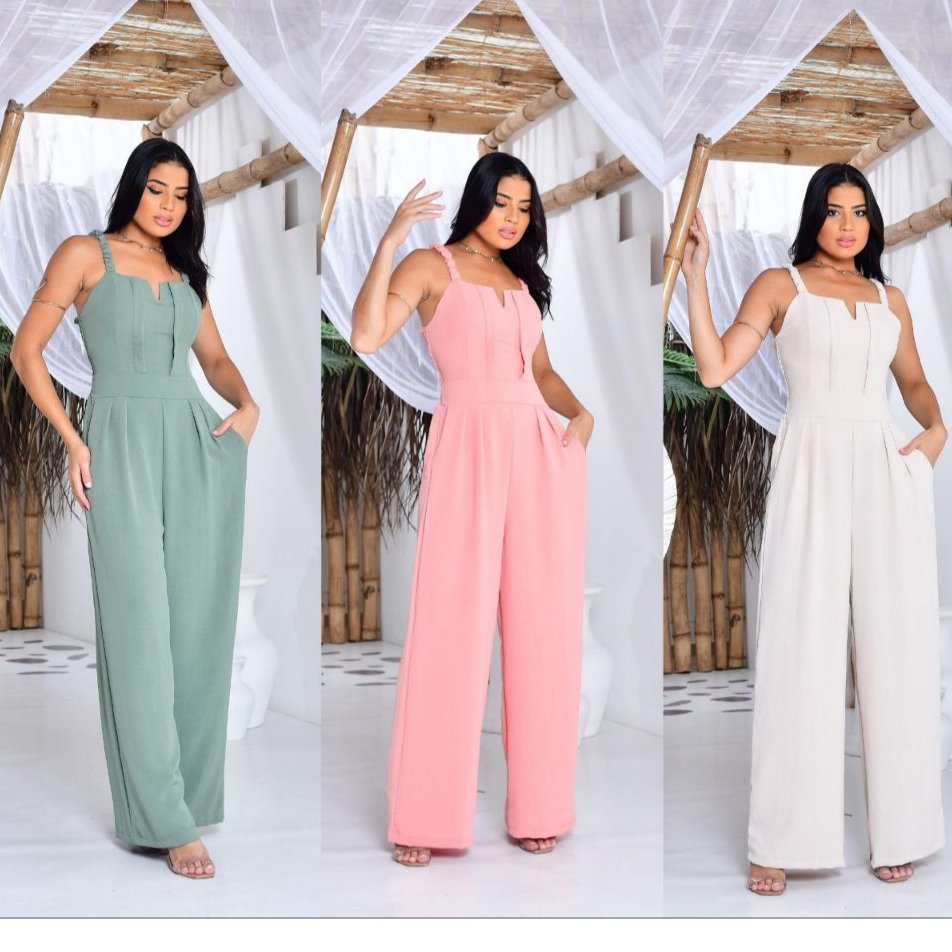 MACACÃO FEMININO LONGO PANTALONA EM TECIDO DUNA COM LASTEX NAS COSTAS