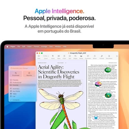 Interface do macOS demonstrando a integração da Apple Intelligence com ferramentas de edição de texto