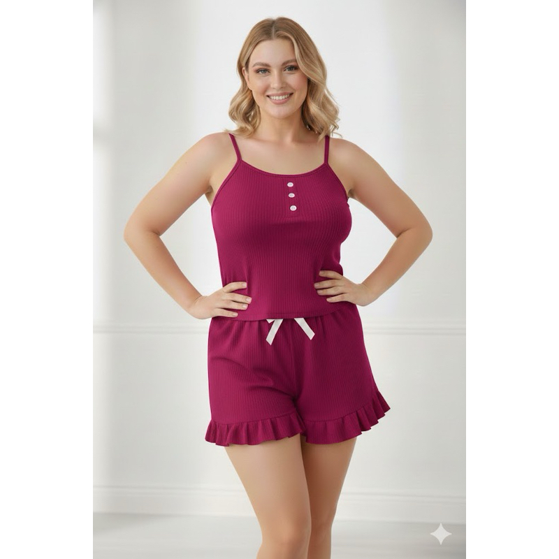 Baby Doll Feminino Canelado | Pijama Verão Confortável com Alcinha e Short com Babado em Oferta na Shopee