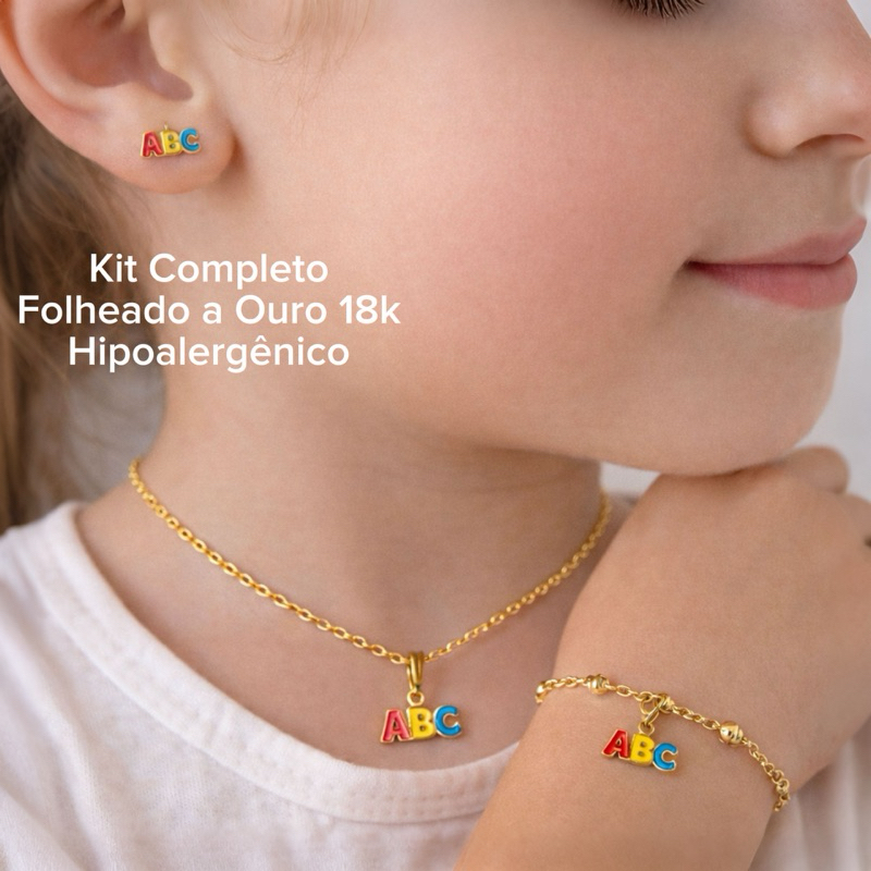 Kit Completo Infantil ABC Folheado a Ouro 18K &ndash; Colar, Brinco e...