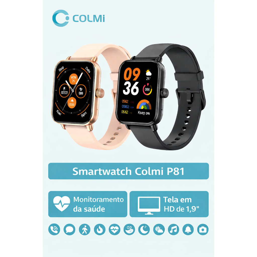 Smartwatch COLMI P81 Original Tela 1.9” Bluetooth Chamadas + Saúde
