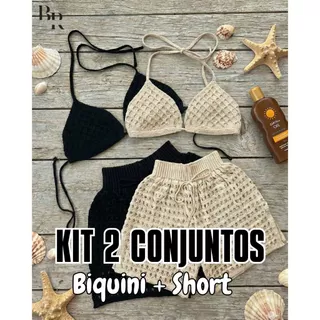 Kit 2 Conjuntos Feminino Top Biquini + Short Tricot Fenda Lateral Saída Praia Piscina Tricô Verão em Oferta na Shopee