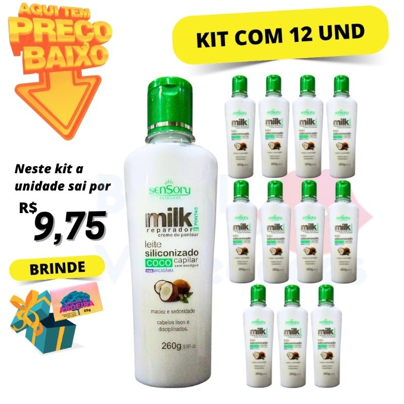 Kit com 12 Creme de Pentear Milk Reparador de Pontas Coco +