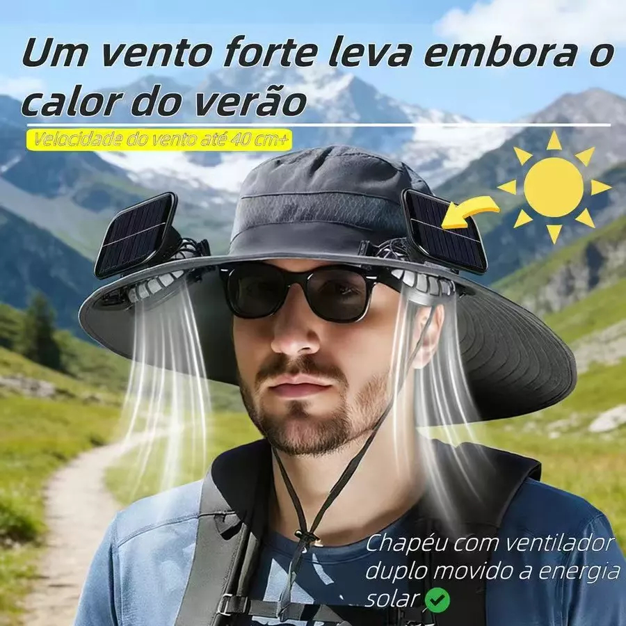 Chapéu De Sol Aba Larga Com Ventilador Energia Solar Duplo Proteção UV ...