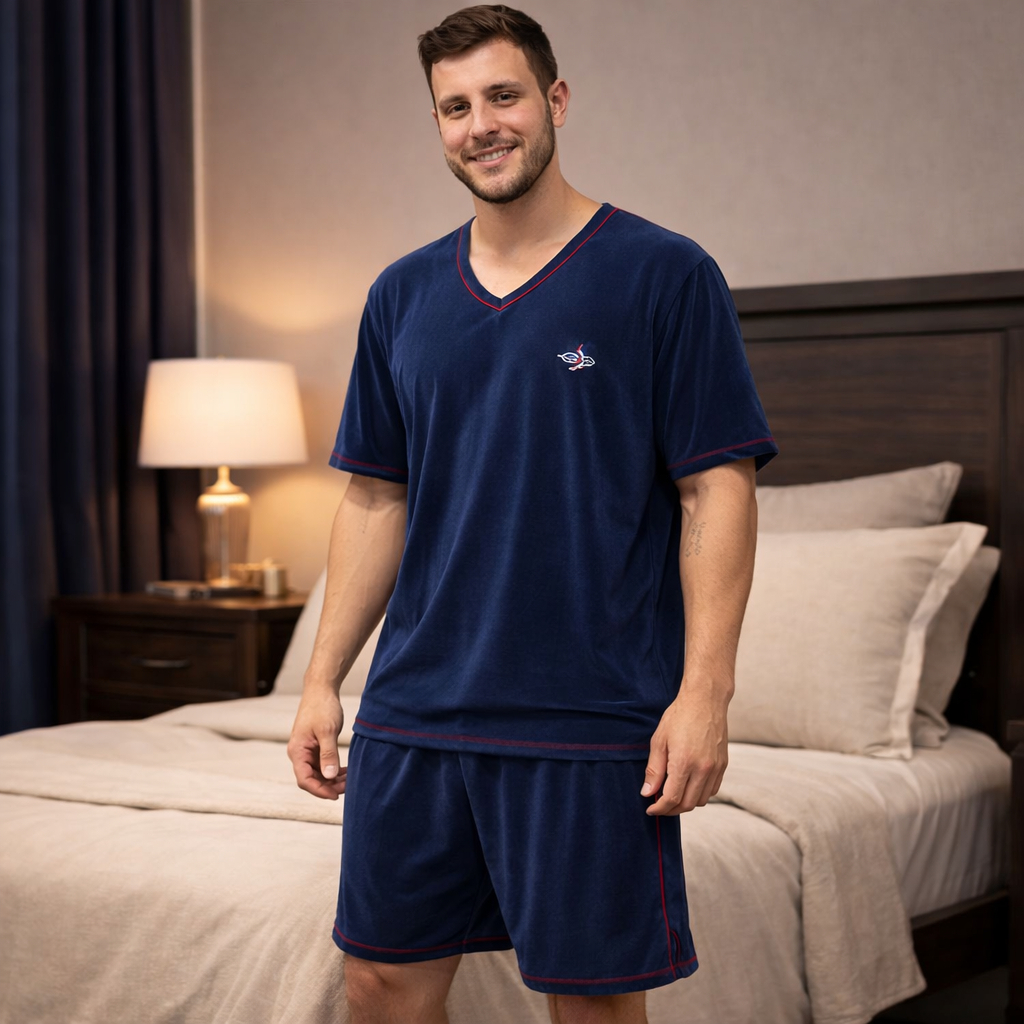Pijama Masculino Manga Curta Short Linha Noite em Malha em Oferta na Shopee